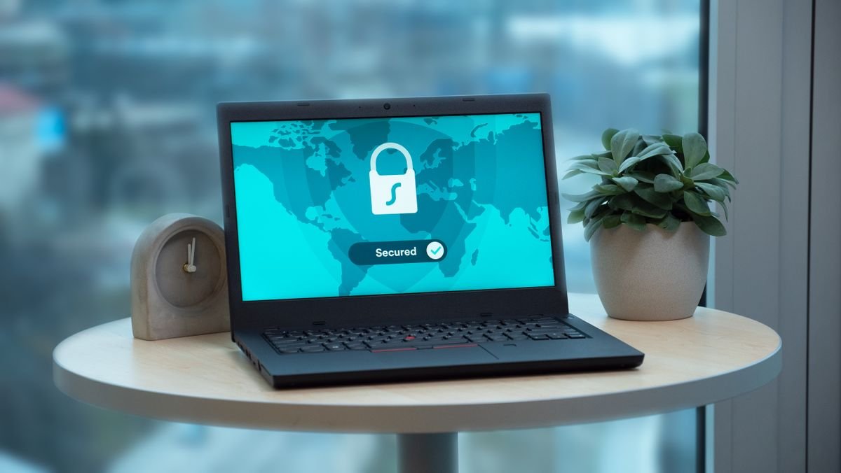 Laptop displaying a secured system status